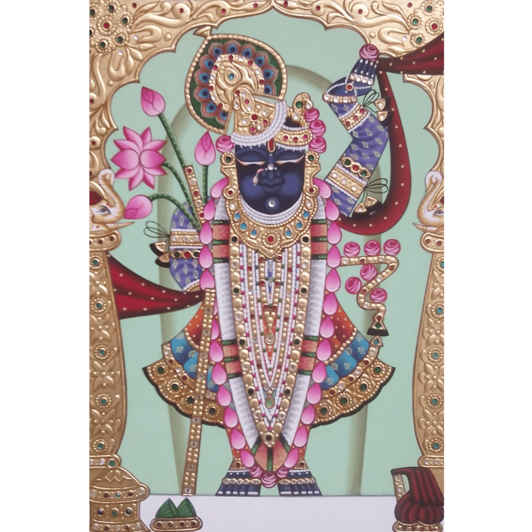 Divine Shrinathji Gold Leaf Painting with Green Backdrop and Lotus Motif